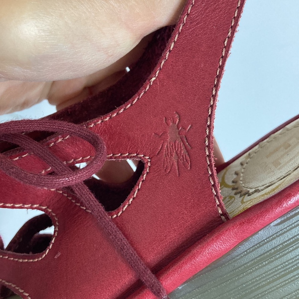 Fly London Sandals Womens 38 Red Leather Lace Up Platform Shoes Comfy - Picture 10 of 14